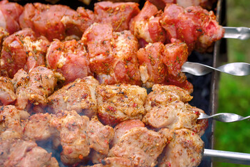 Meat cooked at barbecue and raw sticks on skewer, close up. Shish kebab cooking outdoors. Raw spicy marinated meat cook on bbq grill. Pork meat, shashlik, prepared on grill wood coal, outdoor
