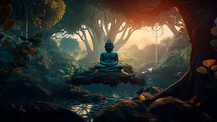 Illustration of budda in forest, created with Generative AI Technology