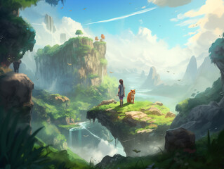 Obraz premium a person and a tiger stand in a cliff with beautiful landscape scenery in the mountains