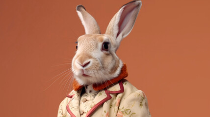 anthropomorphic rabbit on brown background, created with Generative AI Technology