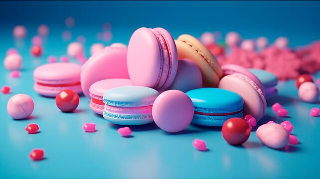 Blue and pink macarons, created with Generative AI Technology
