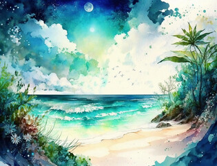 Summer tropical beach watercolor background, Beautiful landscape with beach, Landscape painting, Watercolor landscape, Ocean watercolor hand painting illustration.