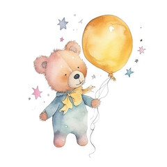 Cute Bear with Balloon Watercolor Illustration AI Generative.