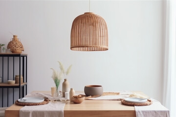 furniture dining rattan kitchen room beige style decor lamp table. Generative AI.