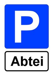 Illustration eines blauen Parkplatzschildes mit der Aufschrift "Abtei"	