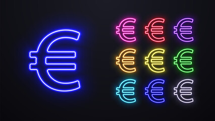 A set of neon Euro (EUR) logos in different colors.