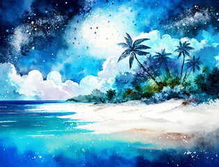 Naklejka na ściany i meble Summer tropical beach watercolor background, Beautiful landscape with beach, Landscape painting, Watercolor landscape, Ocean watercolor hand painting illustration.