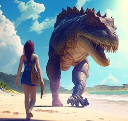 Fototapeta premium dinosaurs and woman on the beach.