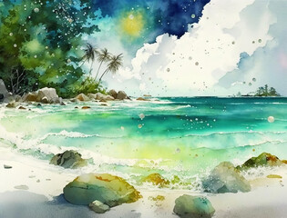 Fototapeta na wymiar Summer tropical beach watercolor background, Beautiful landscape with beach, Landscape painting, Watercolor landscape, Ocean watercolor hand painting illustration.