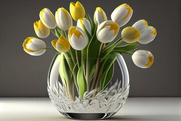Bouquet of yellow and white tulips in a vase on the floor. A gift for women's day from yellow and white tulip flowers. Beautiful yellow flowers in a vase, High quality illustration