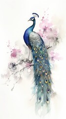 Fototapeta premium Flora and fauna, watercolor peacock art adorned with blossoms, generative ai