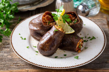Traditional delicious Turkish foods; eggplant stuffed (patlican dolmasi)