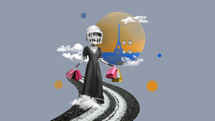Stylish woman in vintage clothes walking on road with many shopping bags. Big city life, europe. Contemporary art collage. Concept of travelling, creativity, surrealism, inspiration