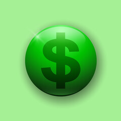 Realistic glossy button with USD icon. 3d vector element of green color with shadow underneath. Best for mobile apps, UI and web design.