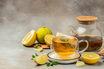 Bergamot tea drink and fresh bergamot, Clean eating, dieting, vegan food concept. top view