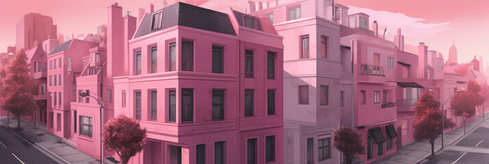 Pink city for, fashion, pop, lifestyle background.  Harajuku, or kawaii feel. Pink buildings and sky. pink cityscape abstract background. Generative AI.  