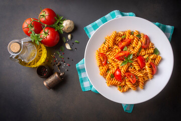 Fusilli pasta, spiral or spirali pasta with tomato sauce - Italian food style
