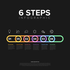 Vector horizontal pastel thick line progress six steps template on black background