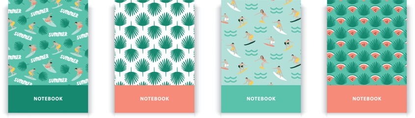 4 notebook covers. Diaries summer beach surf surfing tropical bright vector covers. Scrapbooks cover