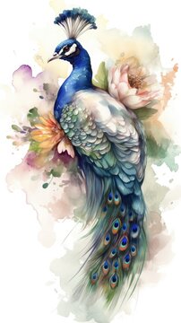 Whimsical wildlife, watercolor paintings of peacock with floral accents, generative ai