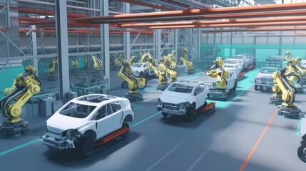 moving cars in a factory line, Generative AI