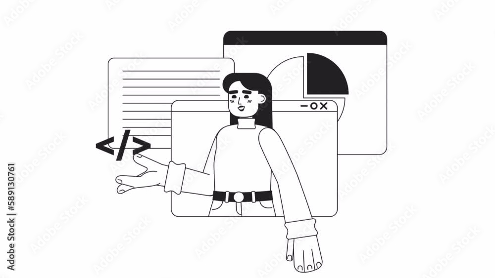Fototapete animated mono web developer class. programming software, tutorials. 2d black and white flat characte