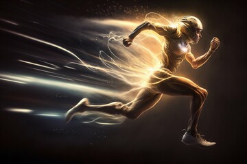 Obraz na płótnie Canvas A fast running runner leaves behind a speed light. Generative AI