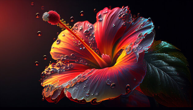 hibiscus flower with water drops,neon sun rise, bokha mood