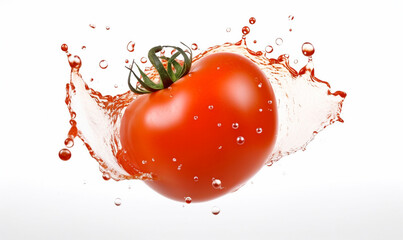 Fototapeta na wymiar Close up red delicious fresh tomato with splashing tomato juice on white background. Food photography. With clipping path. Full depth of field.