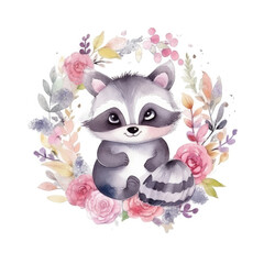 Watercolor raccoon. Illustration AI Generative.