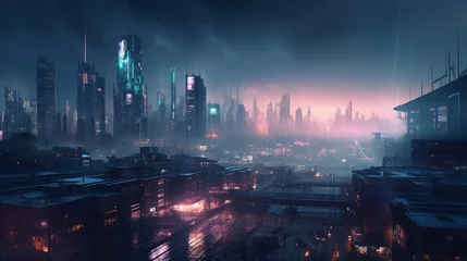 Poster ChatGPT-powered Hyper-detailed Cinematic Futuristic Cityscape: A Neon-lit Skyline Displayed by HUIDs - Featuring Skyscrapers of Manhattan and Hong Kong, Generative AI © Georgy
