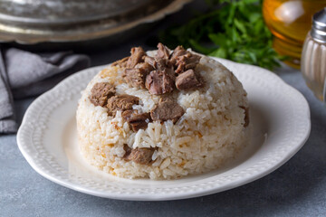 Traditional Turkish cuisine; Meat rice pilaf. Turkish name; etli pirinc pilavi
