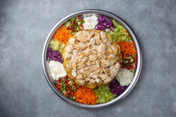 Middle Eastern food culture, Turkish cuisine; type of pilaf, pilaf with chicken and vegetables, Turkish name; Maklube, tavuklu maklube