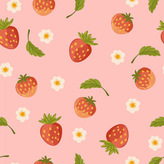 Strawberry seamless pattern. Tasty Repeating background with strawberry berries, leaves and flowers. Perfect for fabric, gift wrap, packaging. Summer fruit on pink. Hand-drawn vector illustration