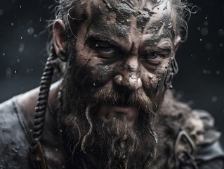 Close-up of Viking King emerging from wet black mud. AI Generated