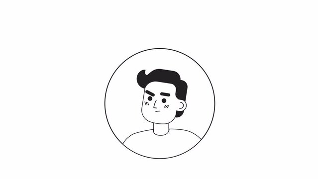 Animated bw confused man icon. Bewildered flat character avatar animation on white background with alpha channel transparency. Monochromatic cartoon style round badge 4K video footage for web design