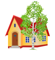 Little cozy house with a beautiful birch tree at the windows. Vector illustration isolated on white background.