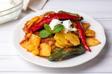 Turkish style mixed vegetable fried with yoghurt (Yogurtlu Karisik Kizartma)