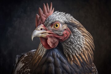 Portrait of a chicken on a black background. ai generative