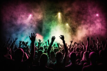 Naklejka na ściany i meble Vibrant concert crowd with hands raised and colorful light. ai generative