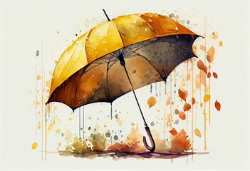 Watercolor illustration of an umbrella. Clipart subject. Wardrobe item, yellow umbrella. Drawn umbrella, autumn theme. Rainy weather. Generative AI