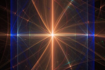 Orange blue glowing pattern of curved waves and rays on a black background. Abstract fractal 3D rendering