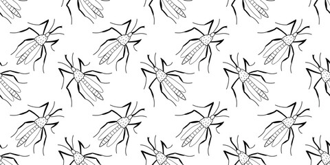Vector seamless pattern of black outline mosquitos, moths, beetles in doodle sketch style. Simple texture with insects, bloodsuckers, pests