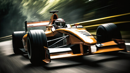 Naklejka premium A Yellow Open-wheel Race Car Speeding down a Mountain Road, Hugging the Curves and Creating a Blur of Motion, made with Generative AI