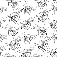 Vector seamless pattern of black outline mosquitos, moths, midges in doodle sketch style. Simple texture with insects, bloodsuckers, pests