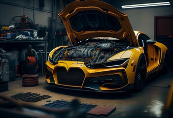Fototapeta na wymiar Yellow Supercar in car service. Car repair in garage. Car changing oli in car repair center. Car engine. Generative AI