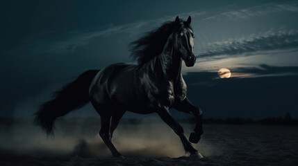 A black coated Friesian horse rears up on a small grassy cliff. The night wind blows through the animal's mane and tail. Behind it, the full moon fills the sky. 3D Rendering