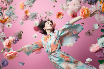 woman flying concept colorful falling spring flower art beauty fashion peony. Generative AI.