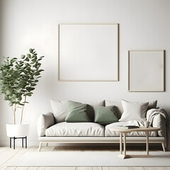 mock up poster frame, living room, scandinavian, Art Deco style, 3D render, 3D illustration