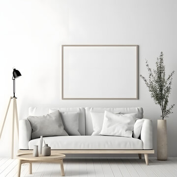 mock up poster frame, living room, scandinavian, Art Deco style, 3D render, 3D illustration